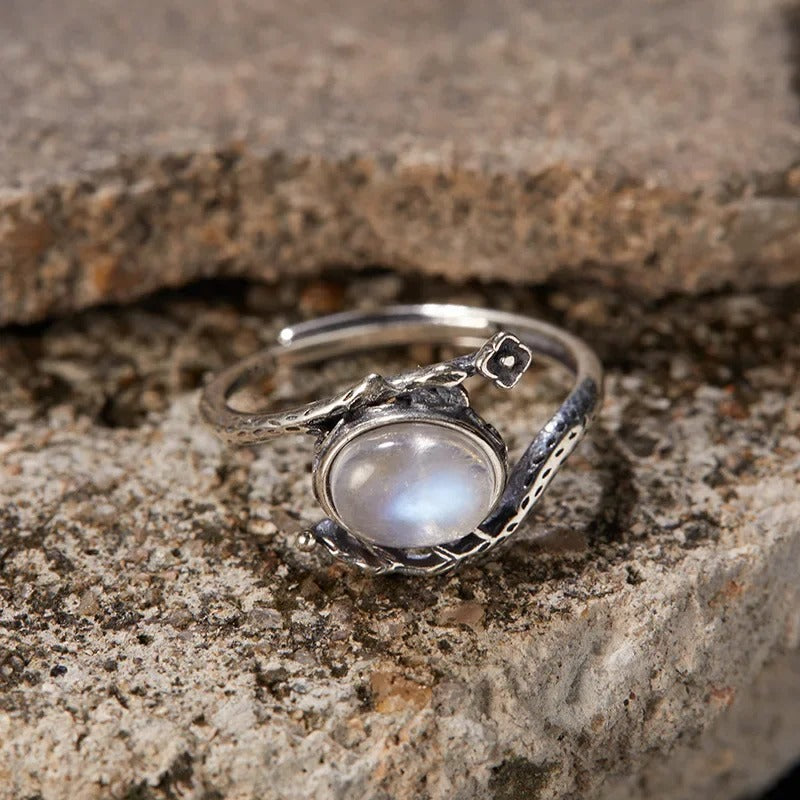 Vintage Moonstone Vine Silver Adjustable Ring-Emali Jewelry