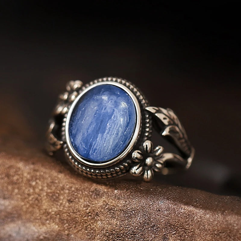 Vintage Floral Royal Blue Silver Ring-Emali Jewelry