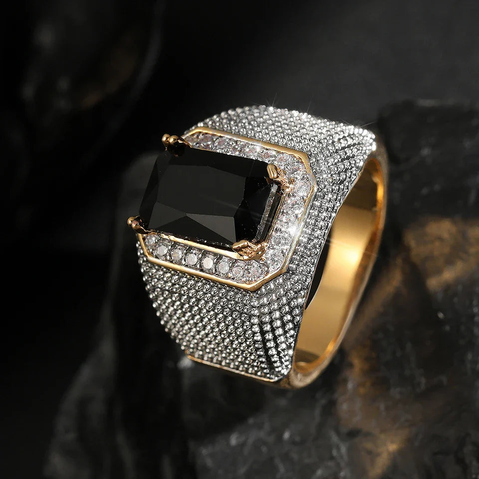 Gold & Silver Black Gem Ring-Emali Jewelry