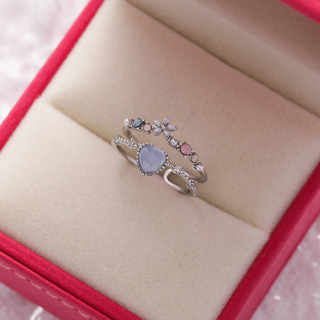 Adjustable Blue Stone Ring with Zirconia in Sterling Silver-Emali Jewelry