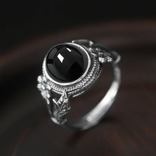 Vintage Black Crystal Flower Silver Ring-Emali Jewelry