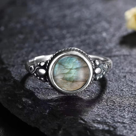 Vintage Silver Iridescent Stone Ring-Emali Jewelry