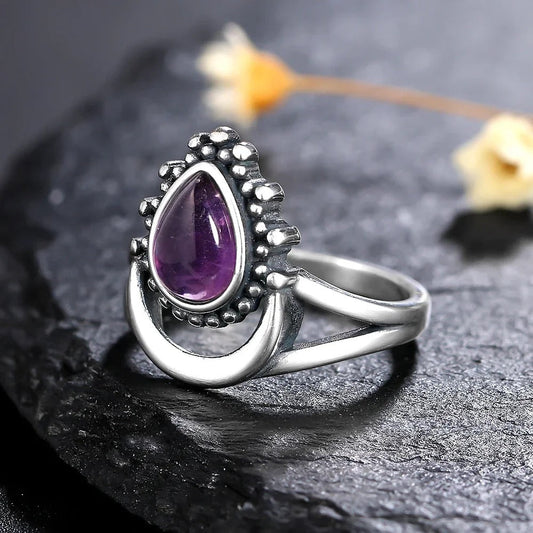 Vintage Purple Teardrop Silver Ring-Emali Jewelry
