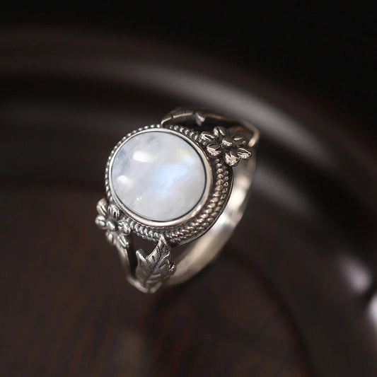 Vintage Floral Moonstone Silver Ring-Emali Jewelry