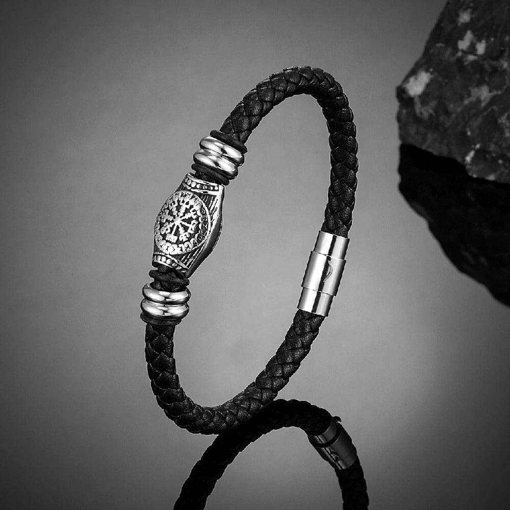 Braided Black Viking Compass Leather Bracelet-Emali Jewelry