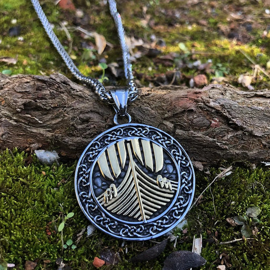 Engraved Nordic Ship Pendant Necklace-Emali Jewelry