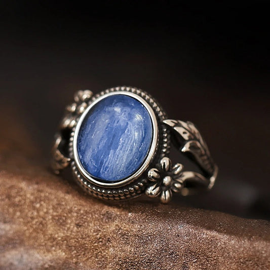 Vintage Floral Royal Blue Silver Ring-Emali Jewelry