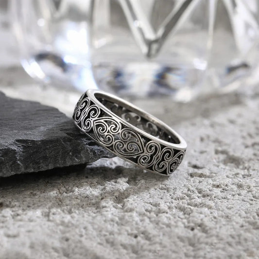 Silver Engraved Pattern Band Ring-Emali Jewelry