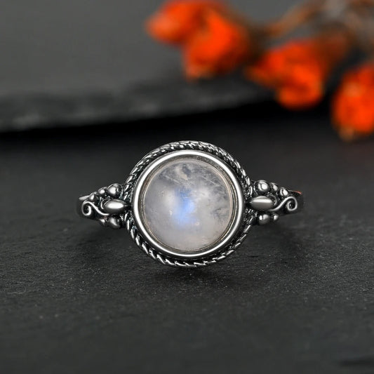 Vintage Silver Round Moonstone Ring-Emali Jewelry