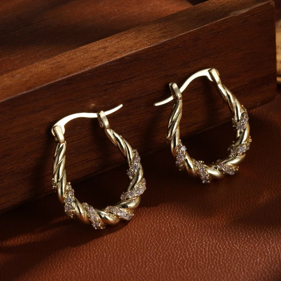 Vintage Gold Twisted Hoop Earrings-Emali Jewelry