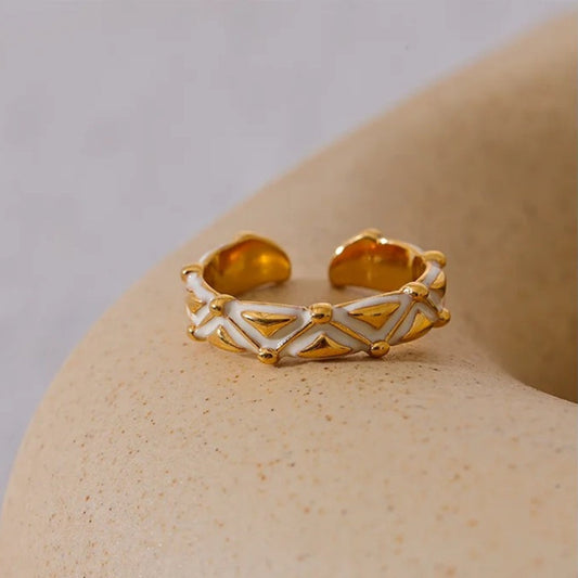 Vintage White Enamel Open Gold Ring-Emali Jewelry