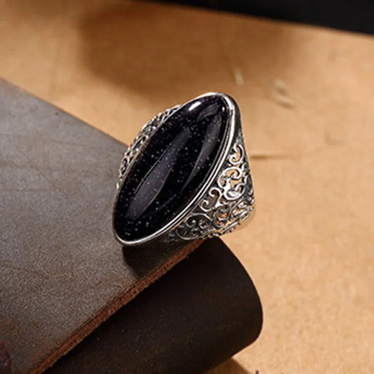 Vintage Silver Midnight Oval Stone Ring-Emali Jewelry